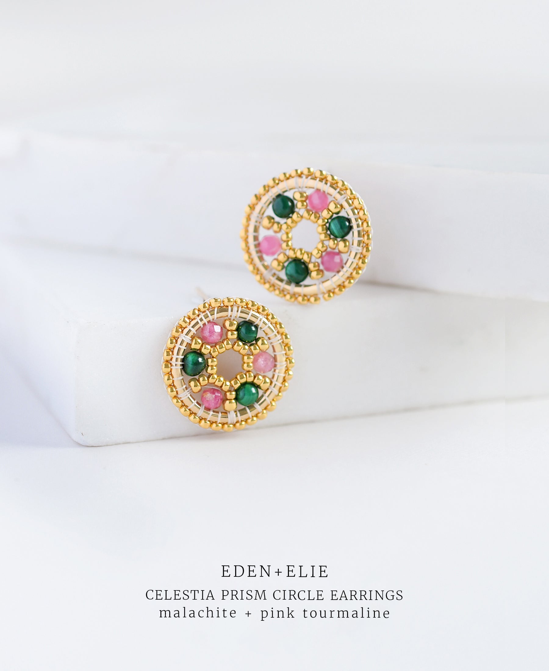 EDEN + ELIE Celestia Prism Circle Earrings - Malachite + Pink Tourmaline