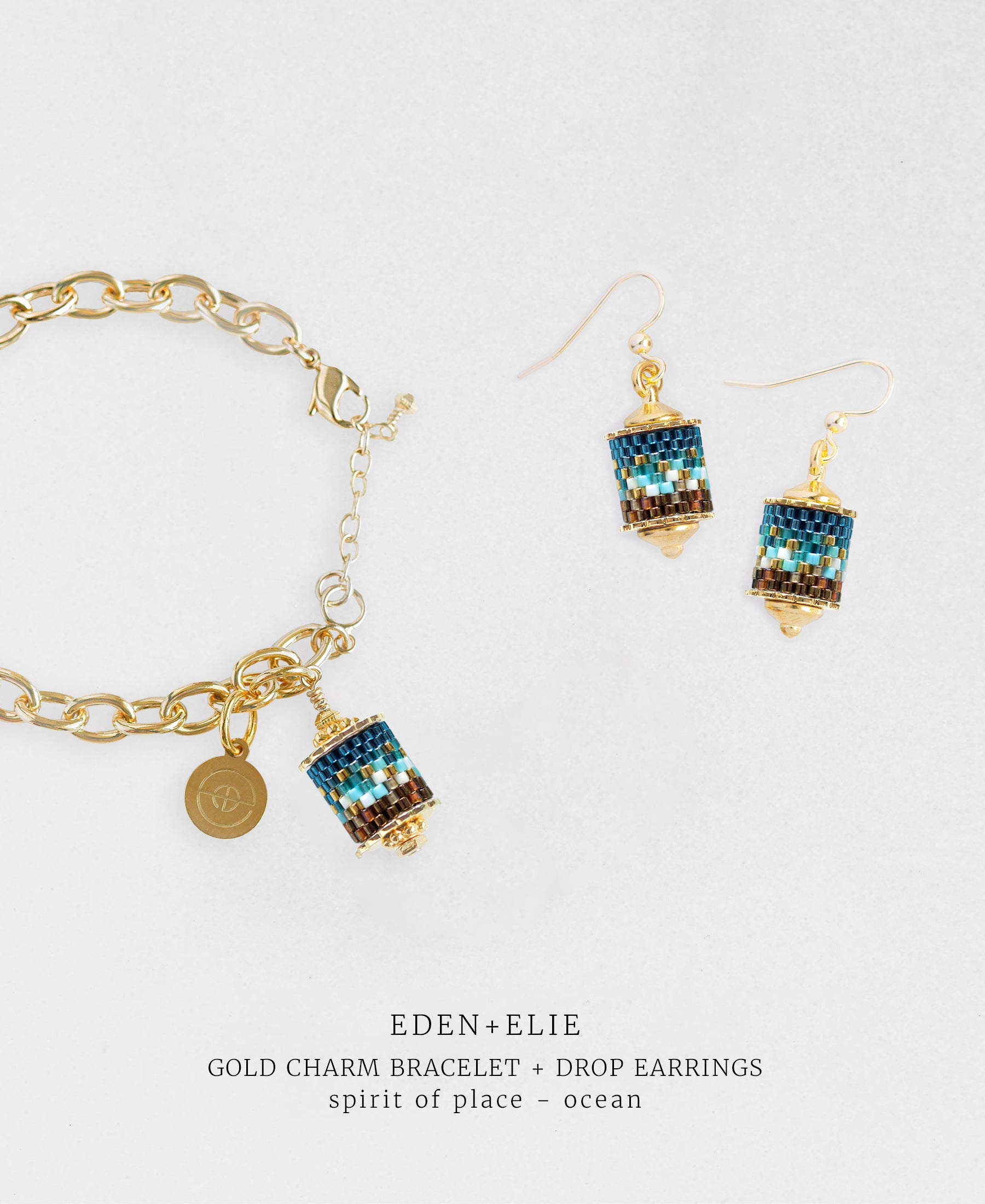 Gold Charm Bracelet + Drop Earrings Set - Spirit of Place Ocean