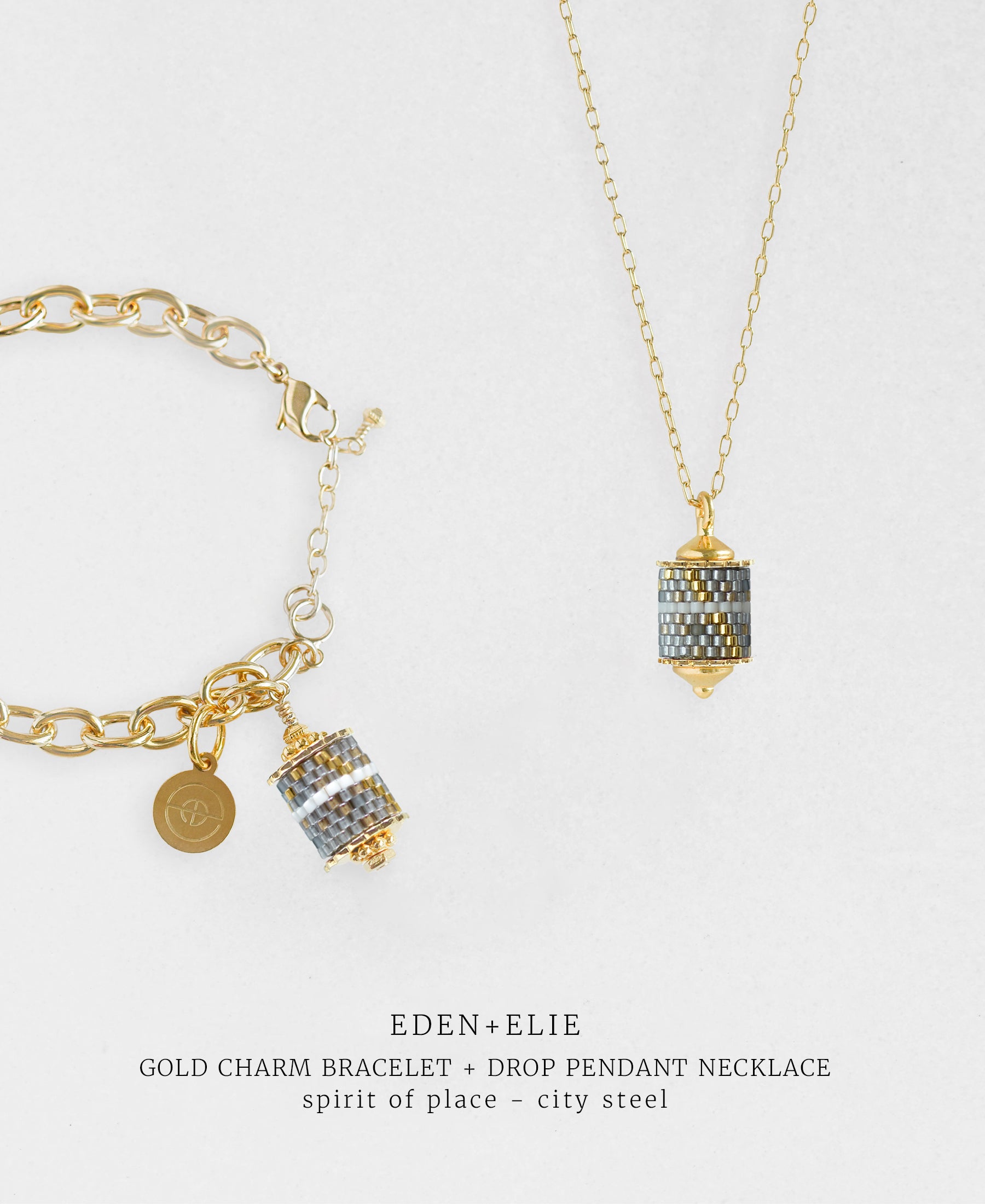 Gold Charm Bracelet + Drop Pendant Necklace Set - Spirit of Place City Steel