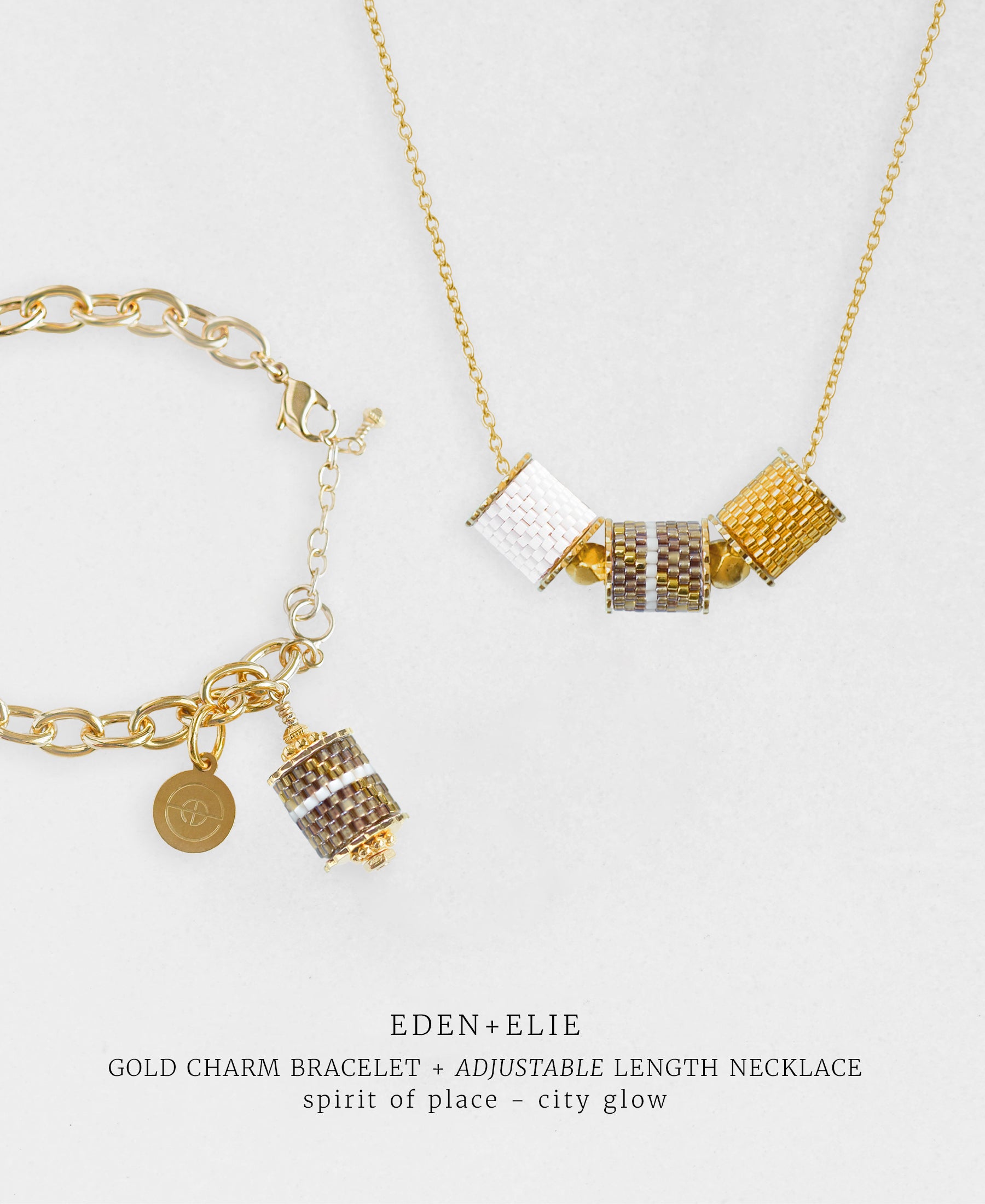 Gold Charm Bracelet + Adjustable Length Necklace Set - Spirit of Place City Glow
