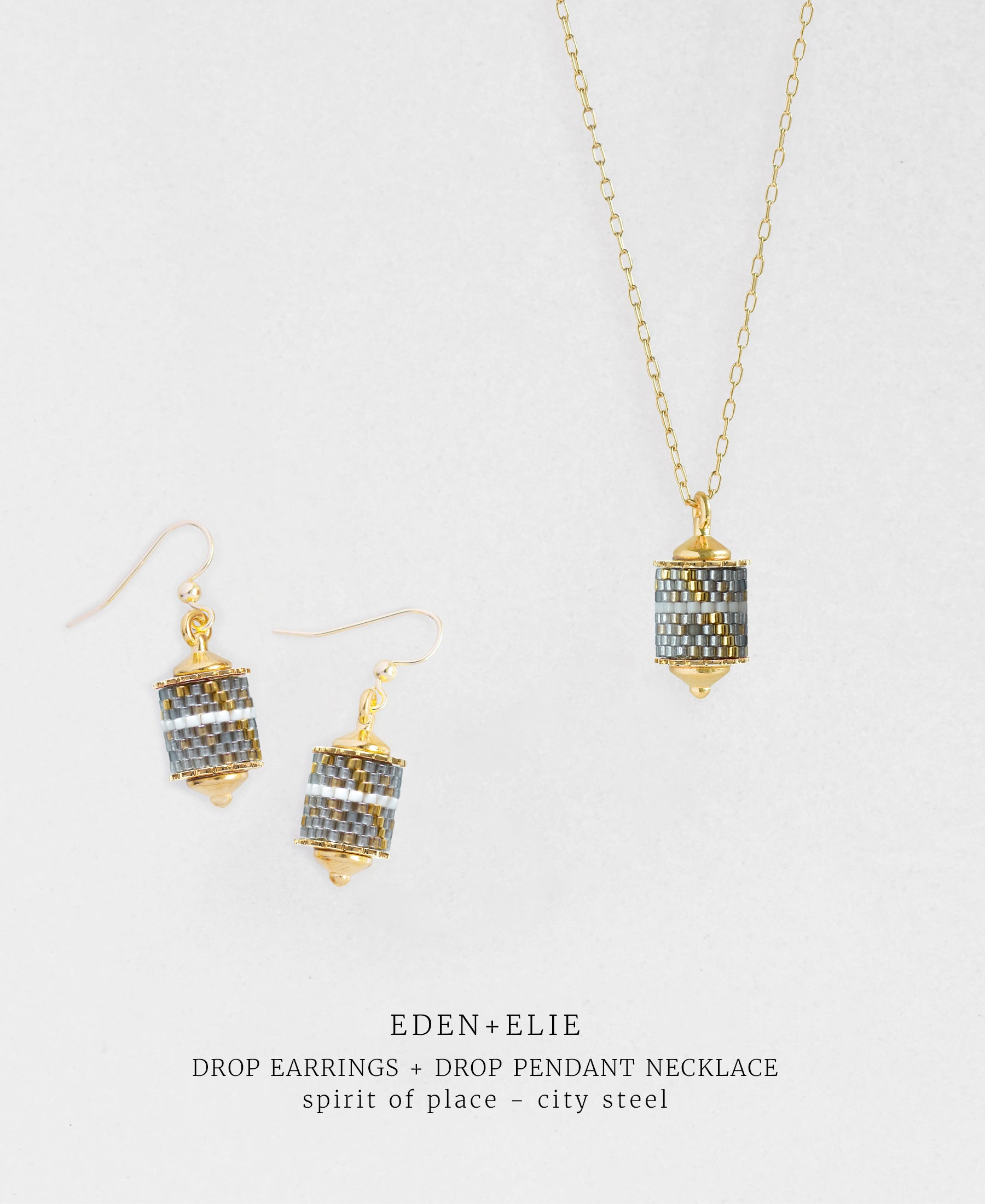 Drop Earrings + Drop Pendant Necklace Set - Spirit of Place City Steel