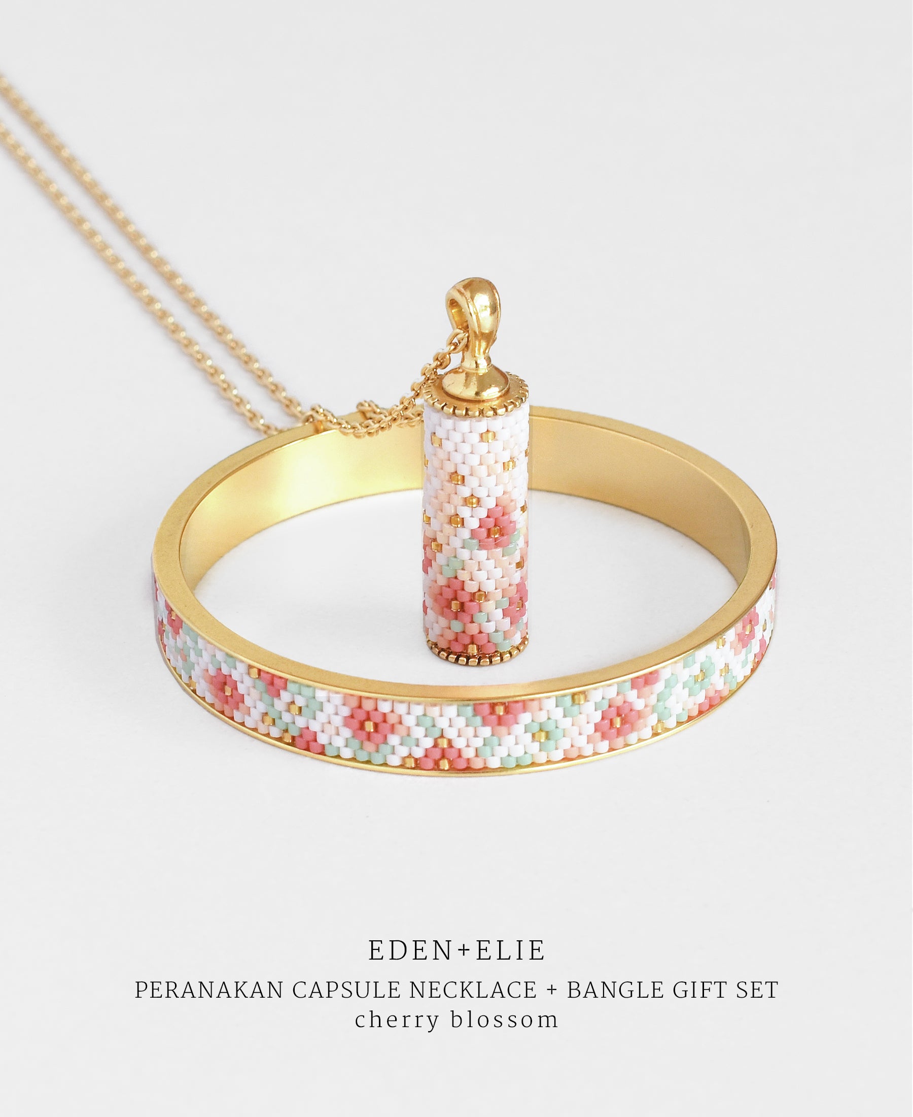 EDEN + ELIE Modern Peranakan capsule pendant necklace + bangle gift set - cherry blossom