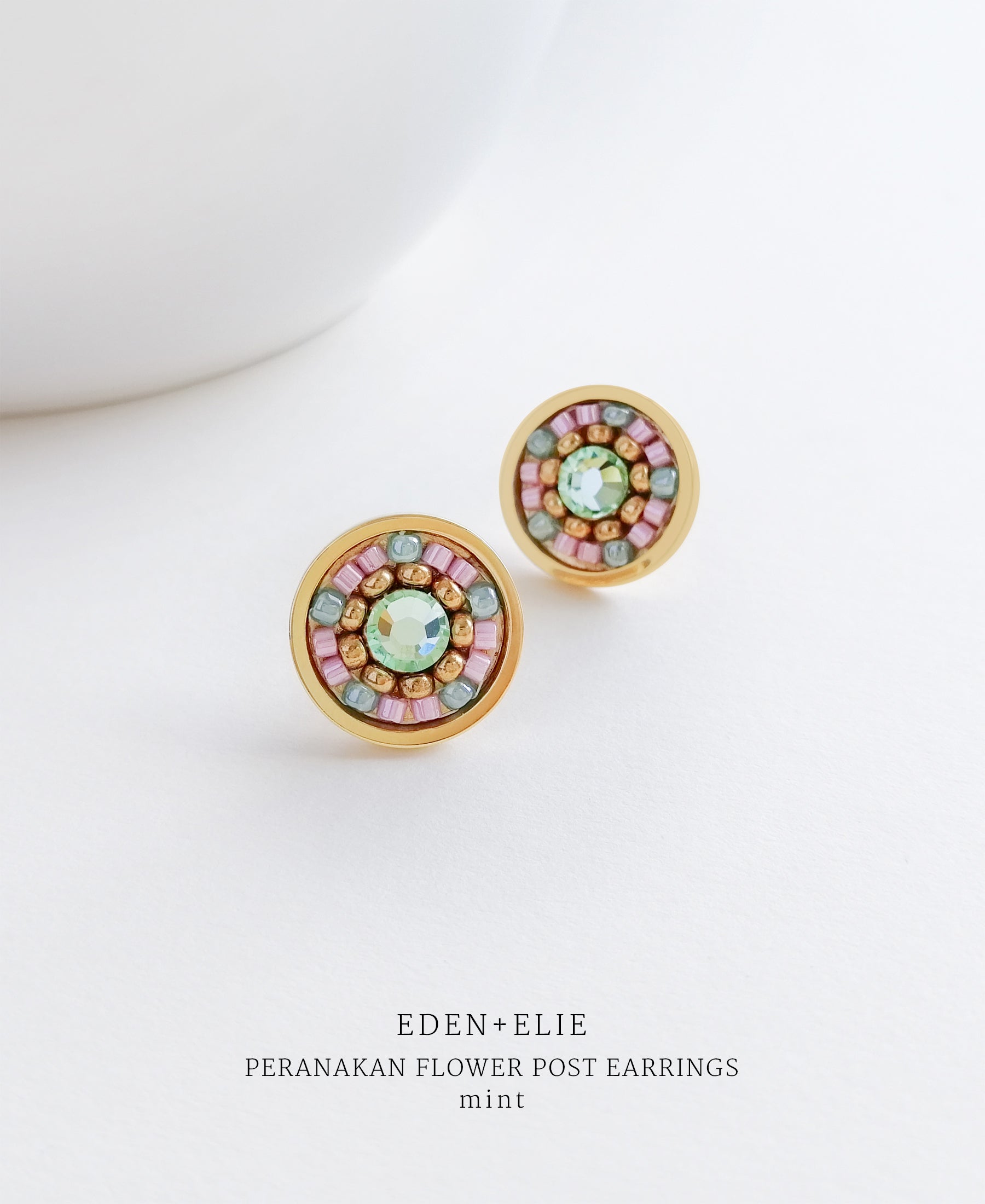 EDEN + ELIE gold plated jewelry Modern Peranakan flower stud earrings - mint