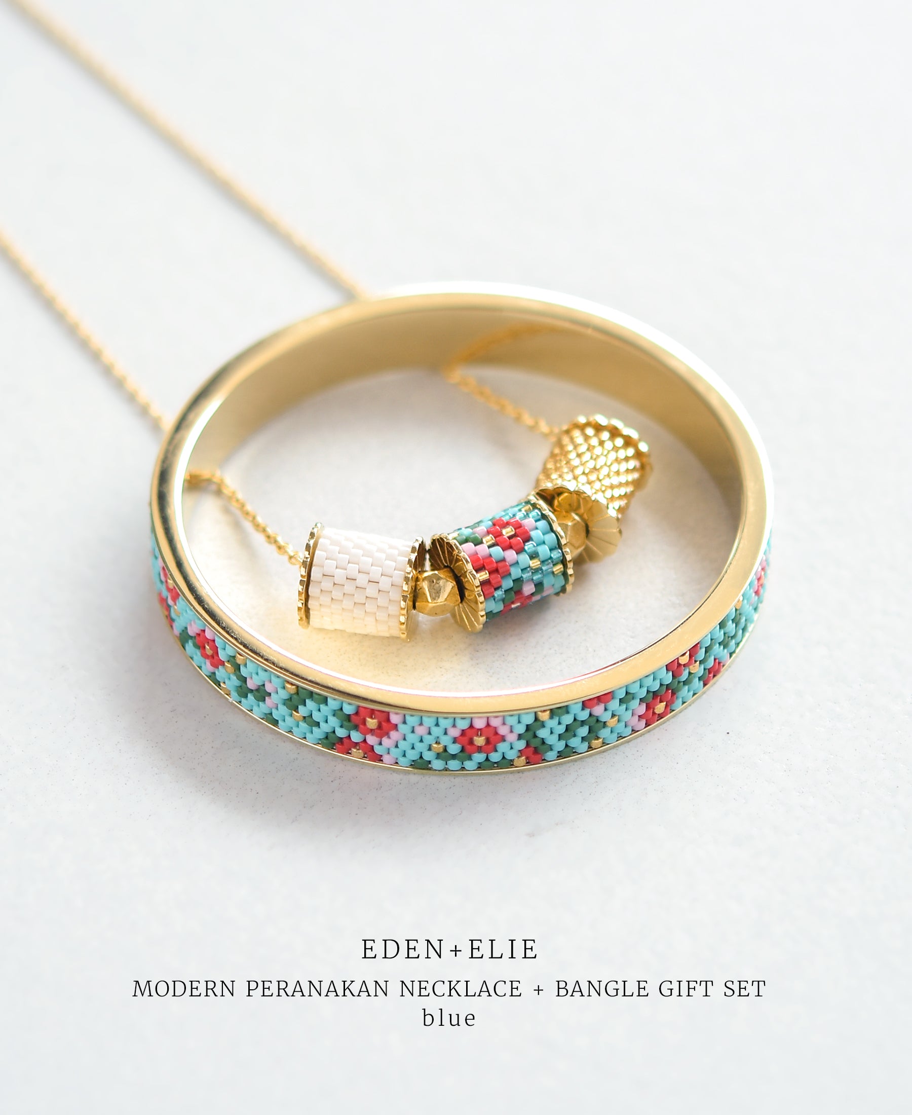 EDEN + ELIE Modern Peranakan adjustable length necklace + bangle gift set - blue