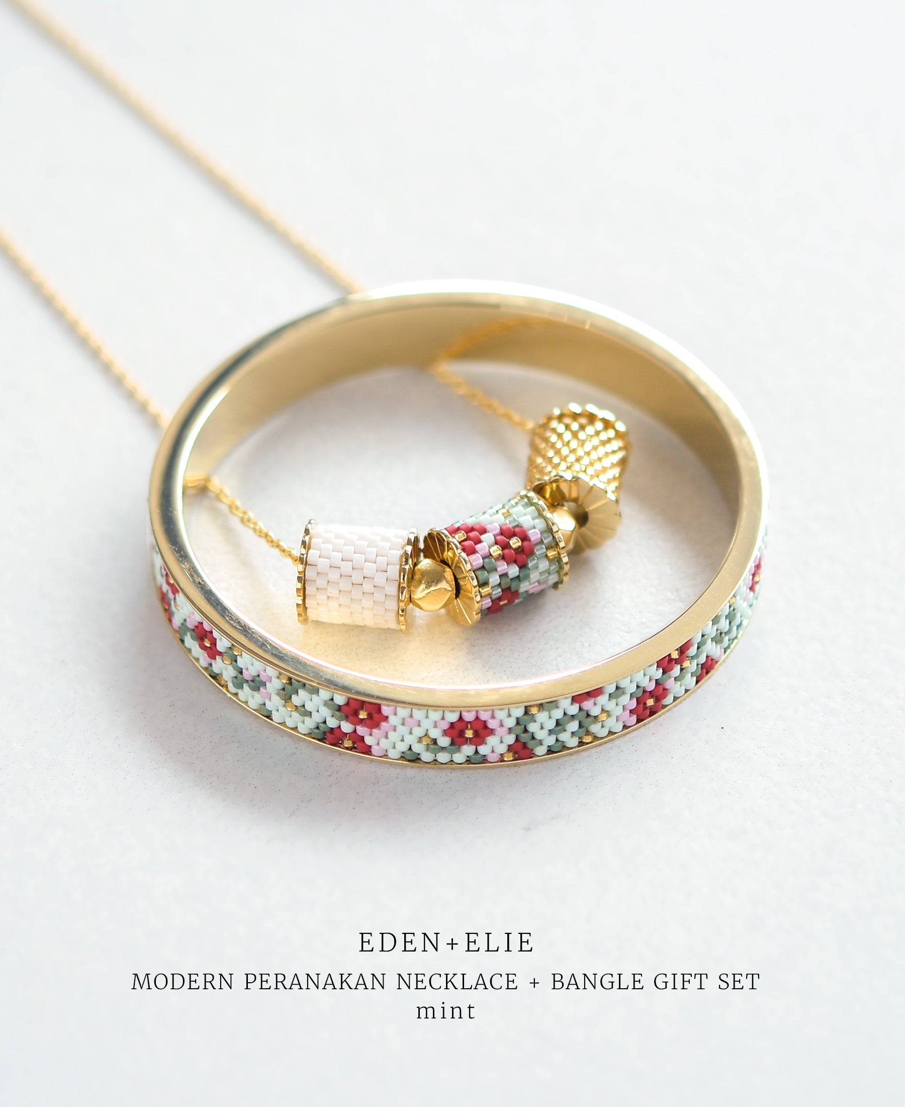 EDEN + ELIE Modern Peranakan adjustable length necklace + bangle gift set - mint