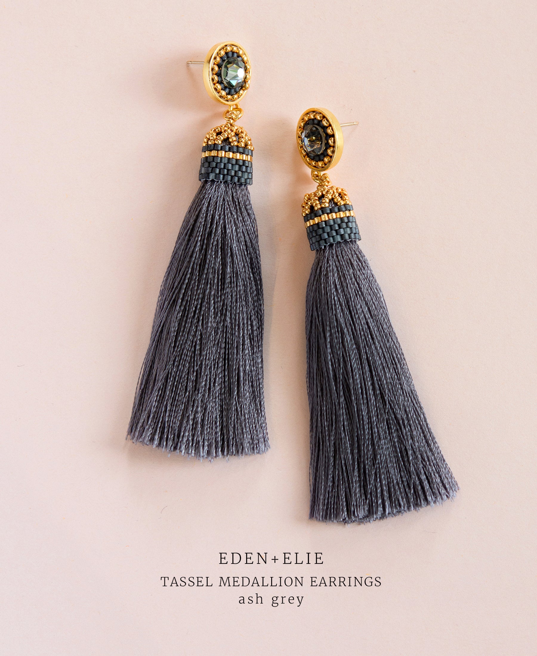EDEN + ELIE silk tassel statement earrings - ash grey