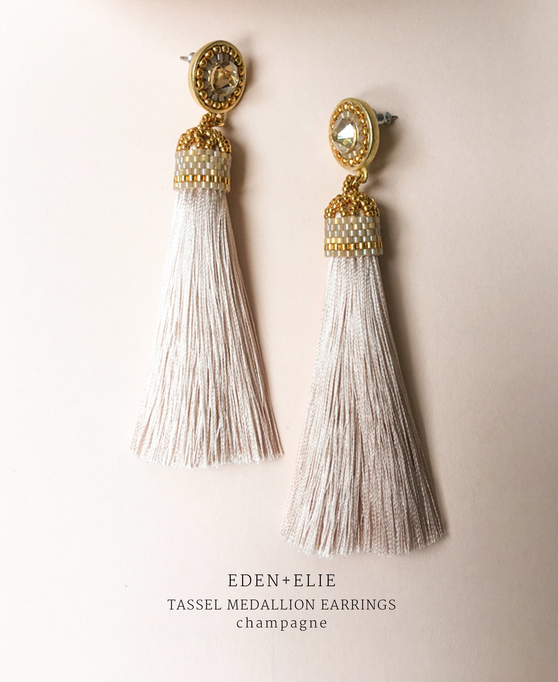 EDEN + ELIE silk tassel statement earrings - champagne