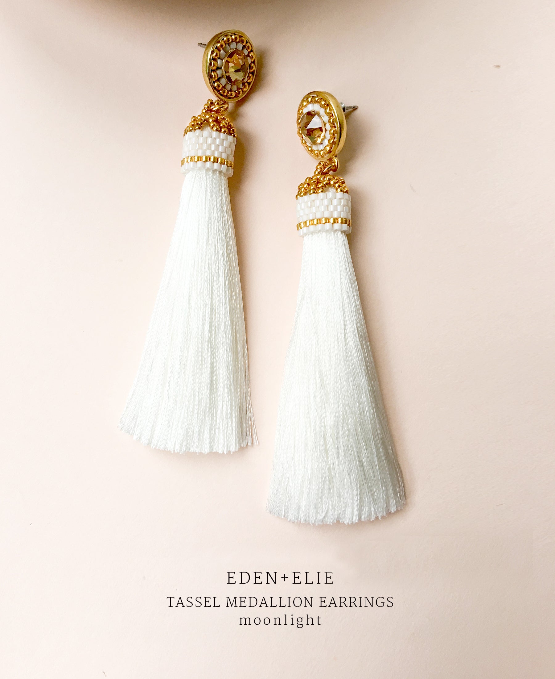 EDEN + ELIE silk tassel statement earrings - moonlight