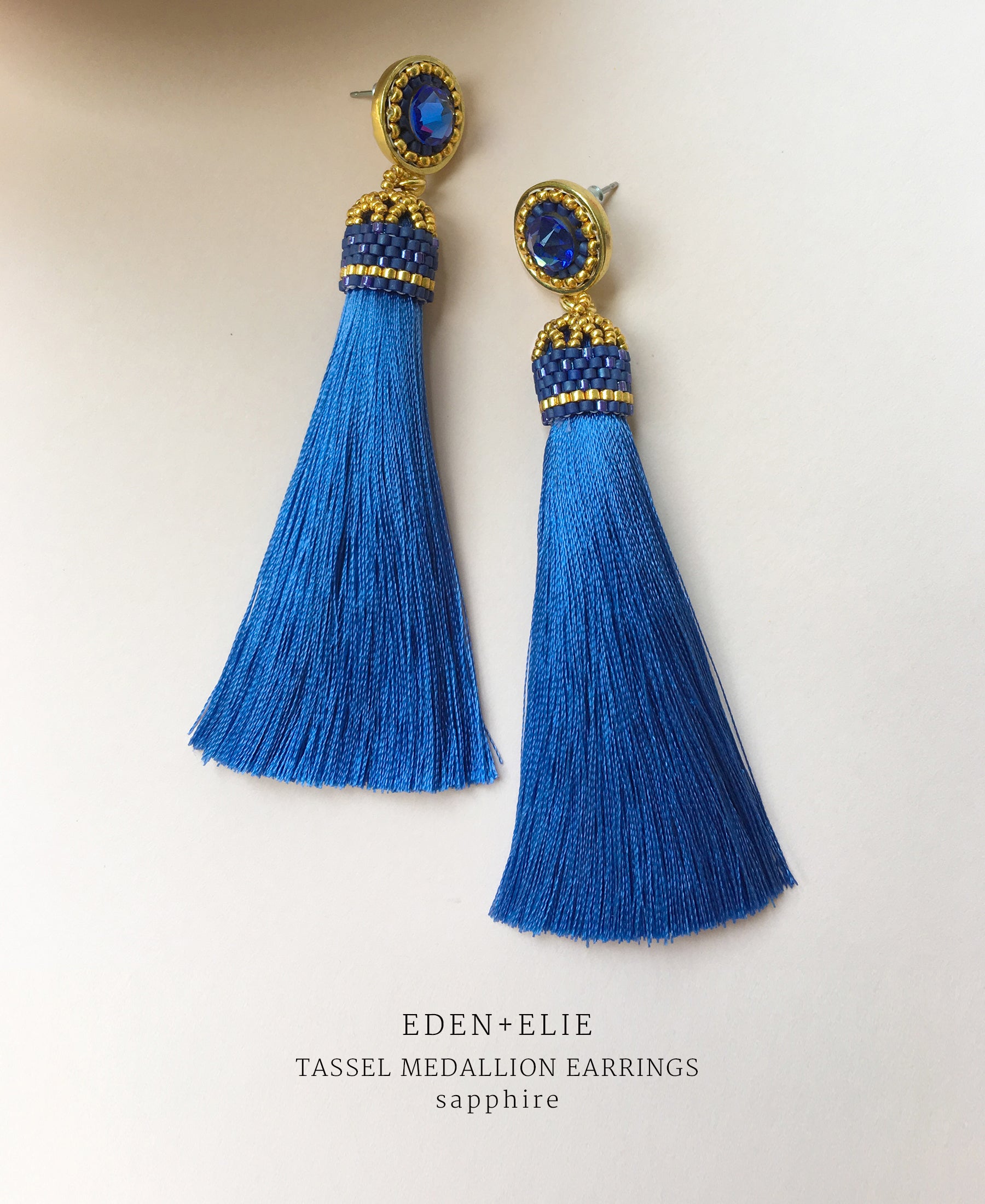EDEN + ELIE silk tassel statement earrings - sapphire blue