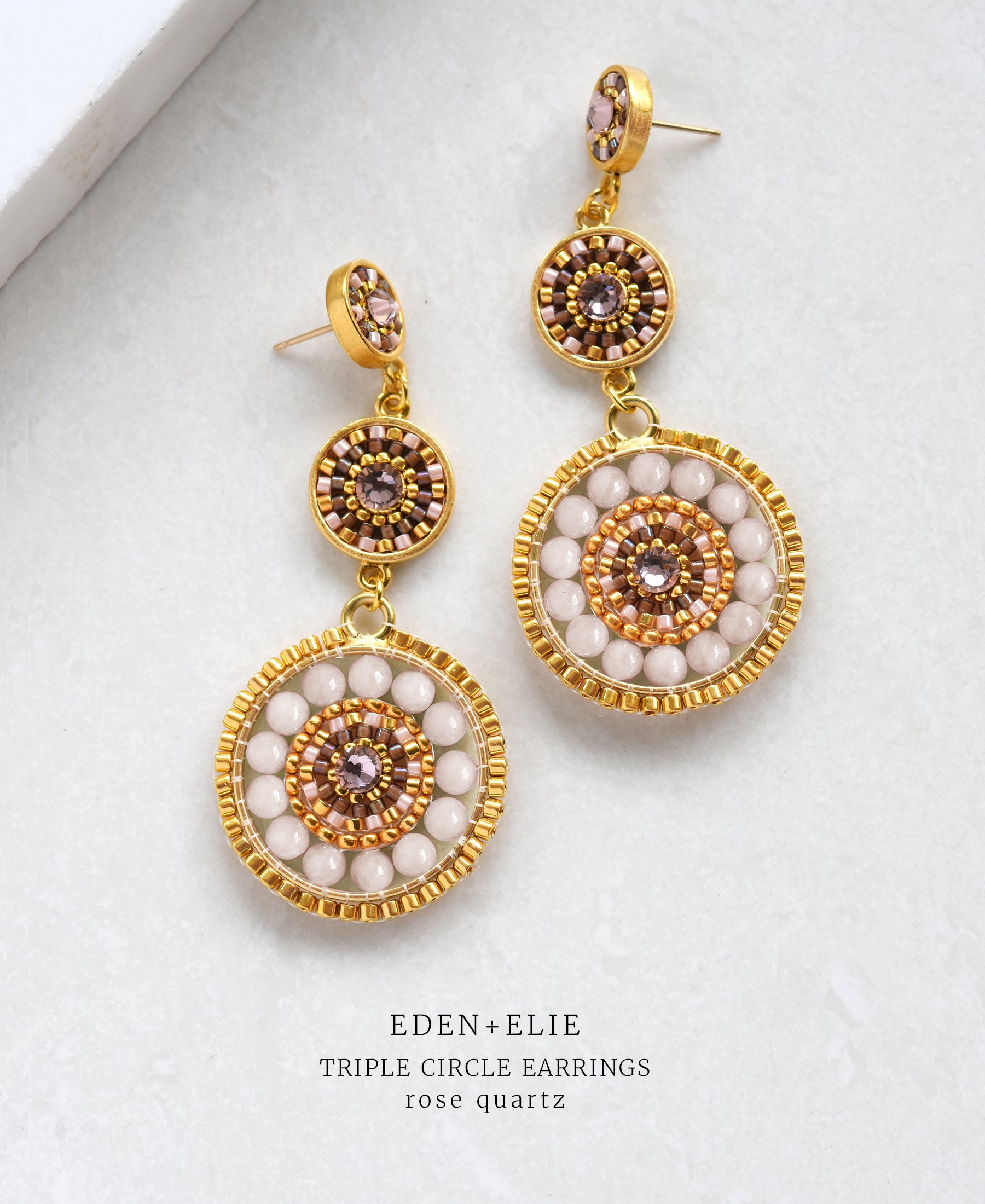 EDEN + ELIE Luxe triple circle statement drop earrings - rose quartz