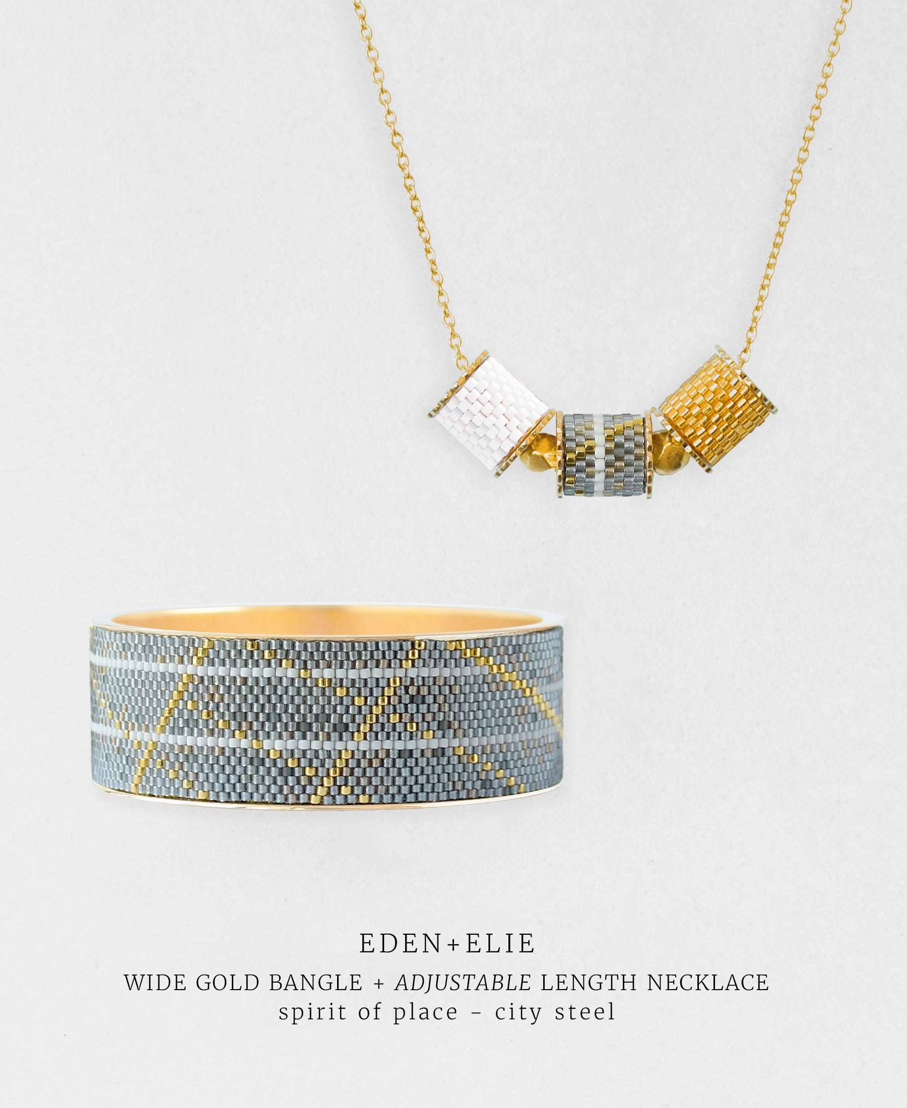 Wide Gold Bangle + Adjustable Length Necklace Set - Spirit of Place City Steel
