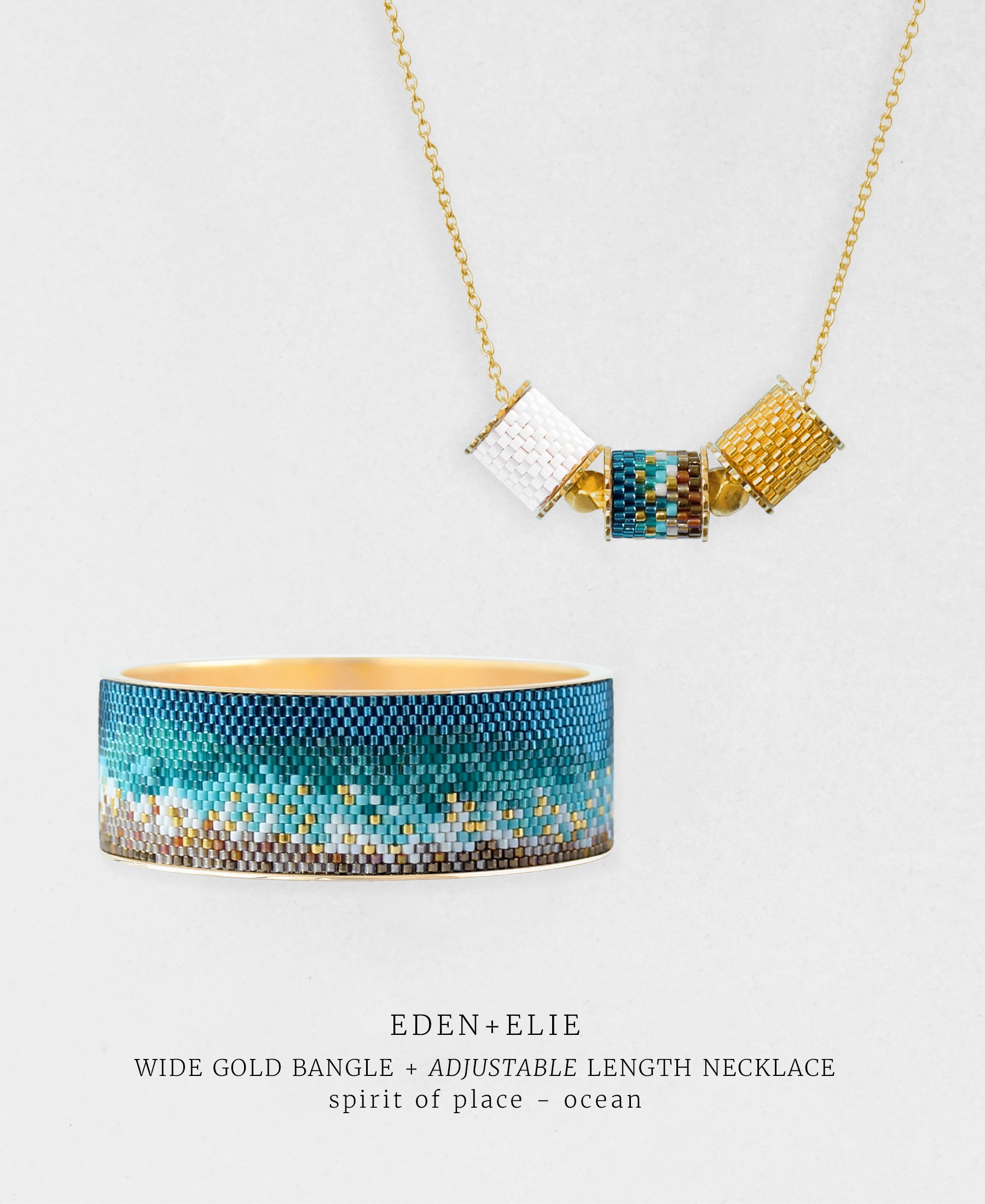 Wide Gold Bangle + Adjustable Length Necklace Set - Spirit of Place Ocean